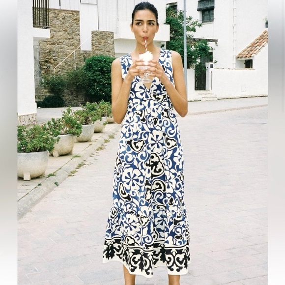 BLOGGERS FAVE NWT Zara Printed V-Neck Crossed Wrap Front Open Back Dress Medium - Picture 1 of 15